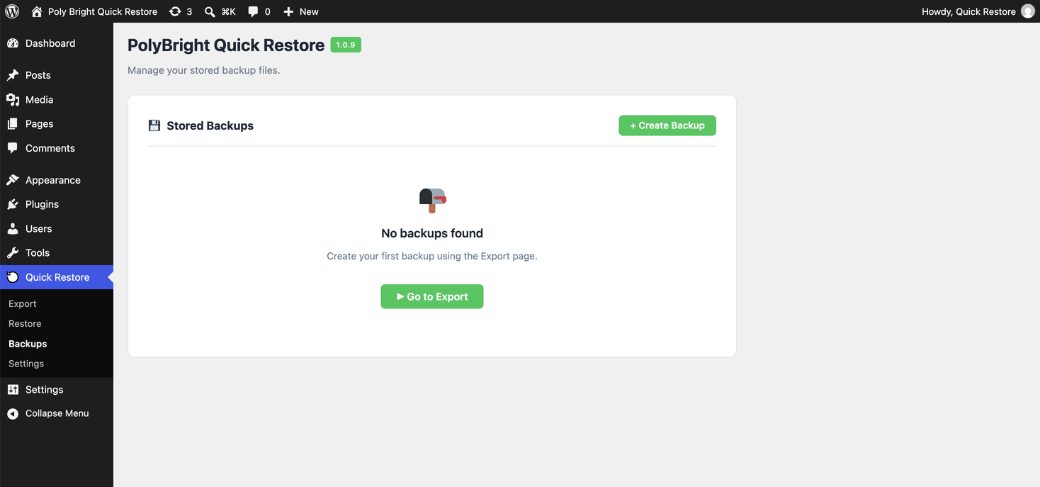 Backups page — keep as many stored backups as you like, with Verify built in.