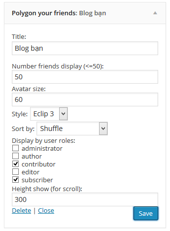 Plugin settings in WordPress widget panel.