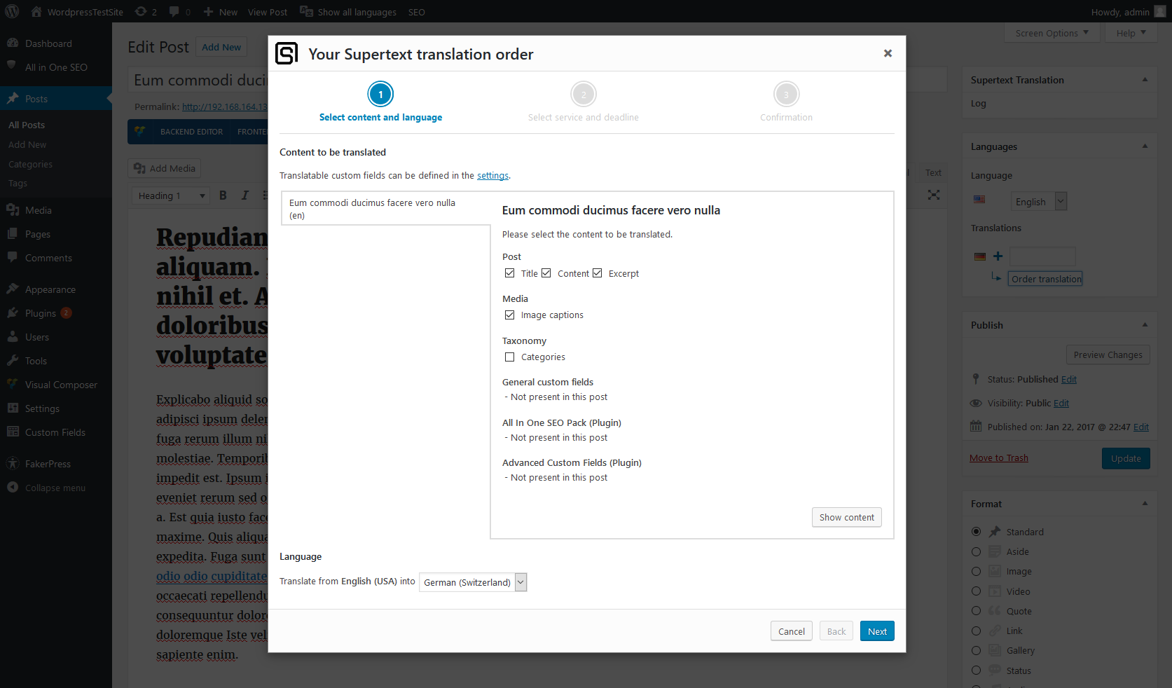 First order step for one post where you can select the content to be translated and the target language