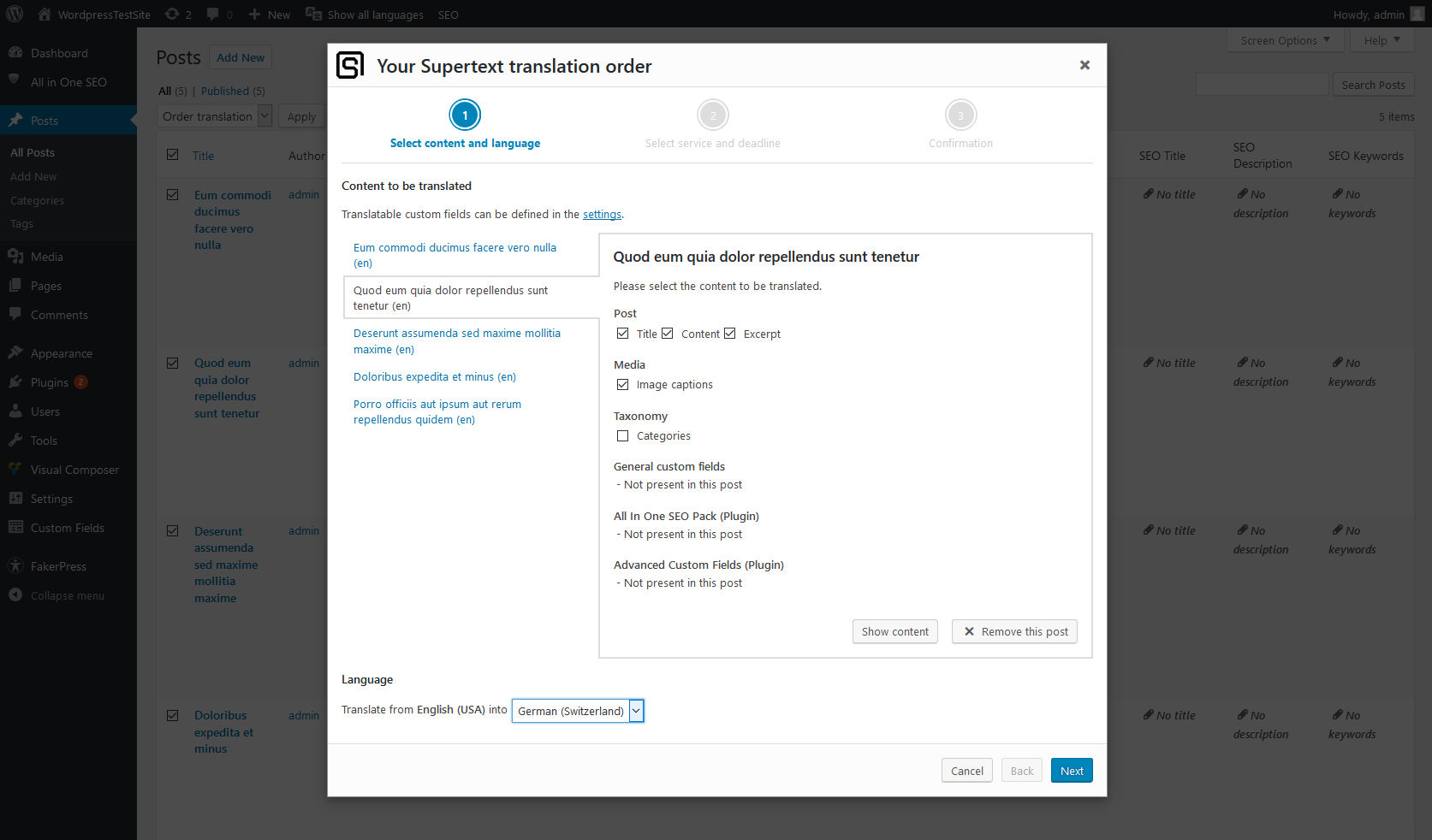 First order step for multiple posts where you can select the content to be translated and the target language
