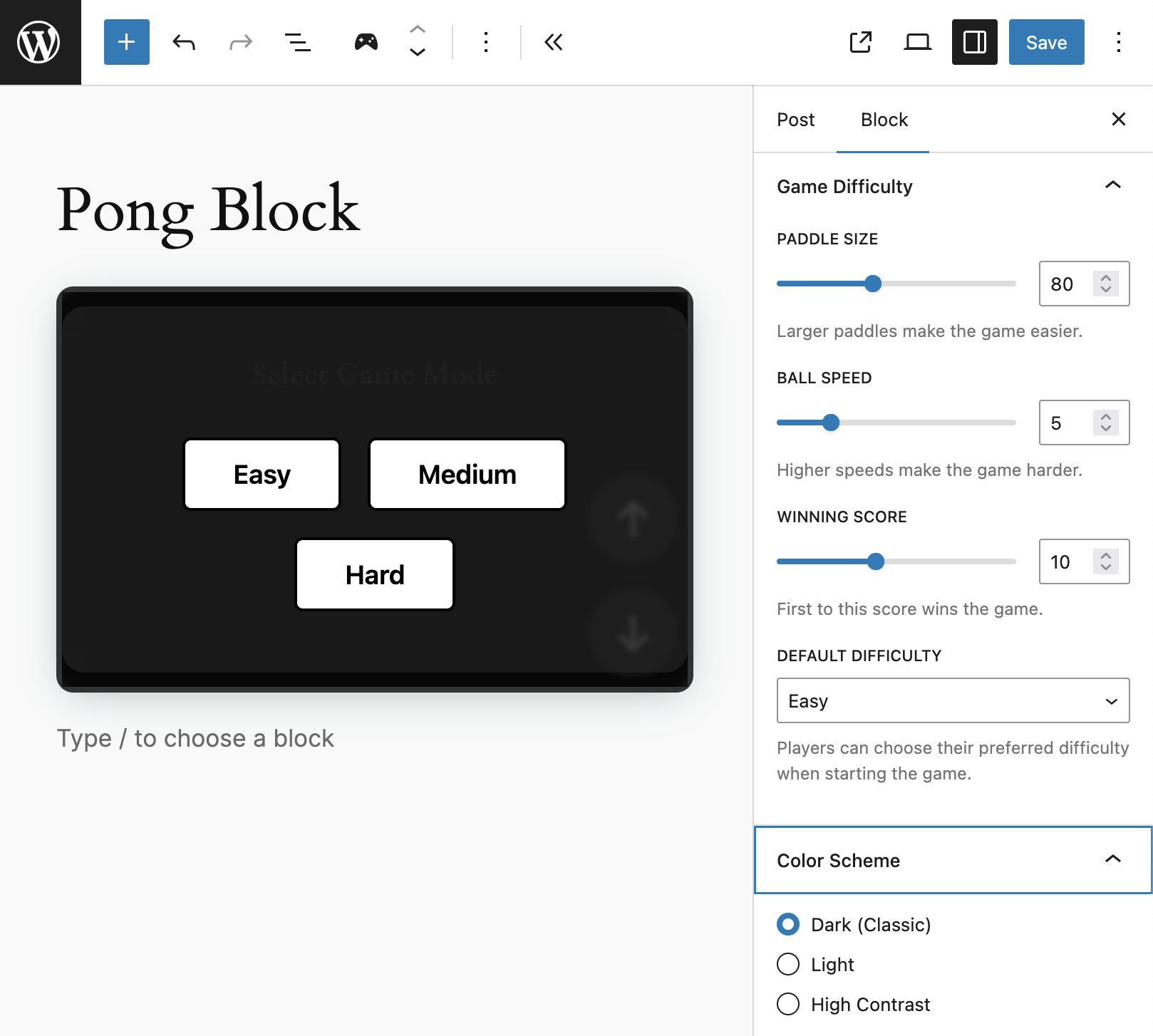 Pong block editor controls showing "paddle size", "ball speed", "winning score", "default difficulty", and "color scheme" settings.