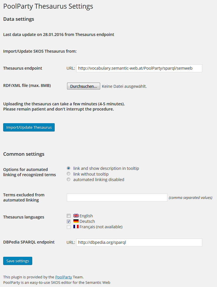 Admin settings page