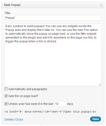 The newly added Popup area which allows you to add any widgets you want. Notice that the plugin outputs the necessary link to activate the popup.