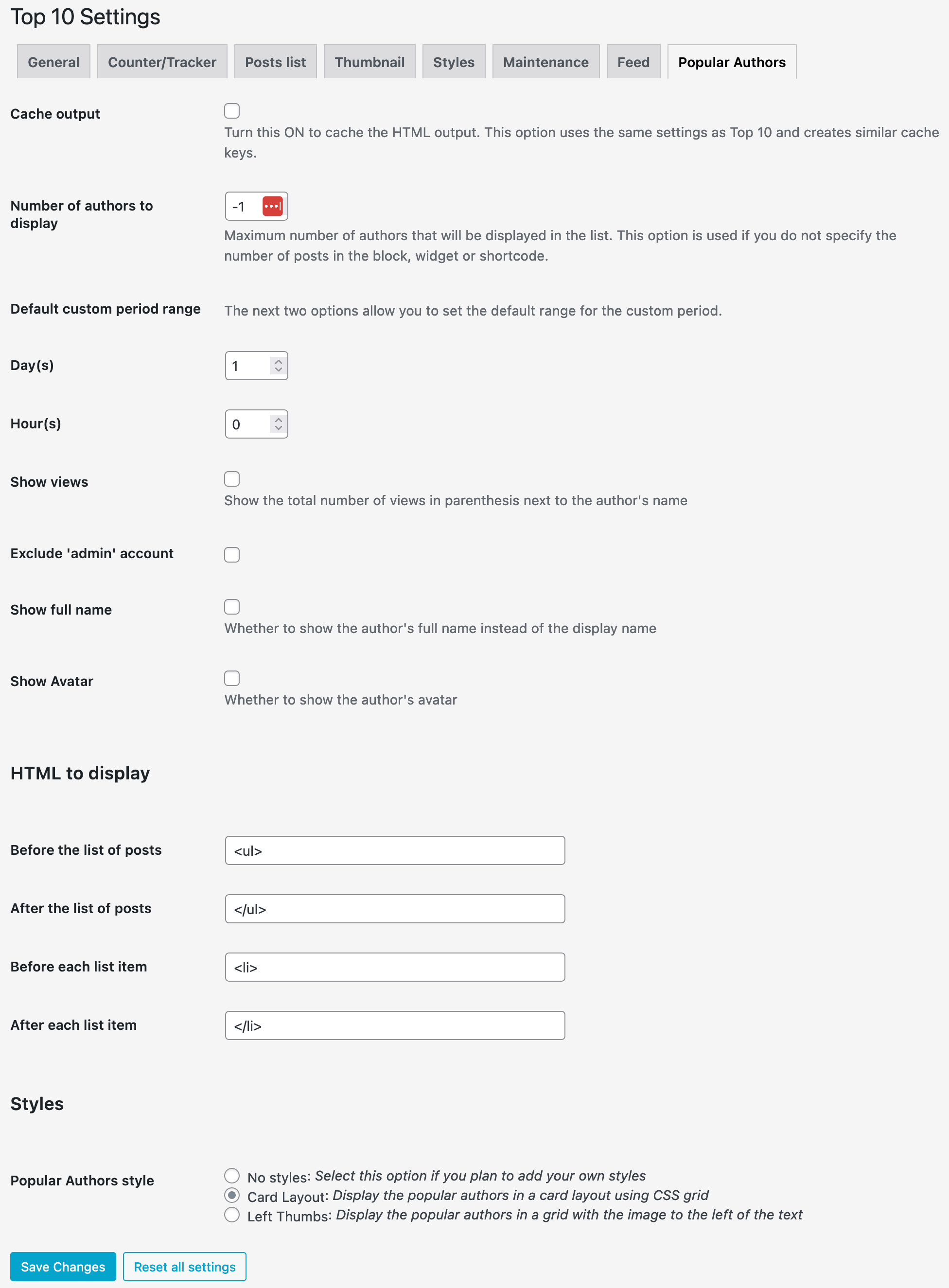 Popular Authors tab under Top 10 Settings