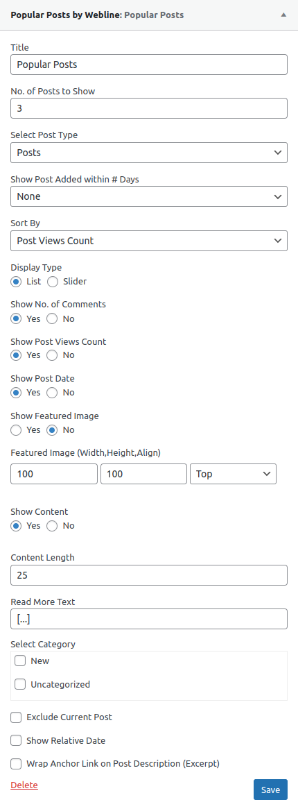 Frontend widget view without Featured Image and Post Meta