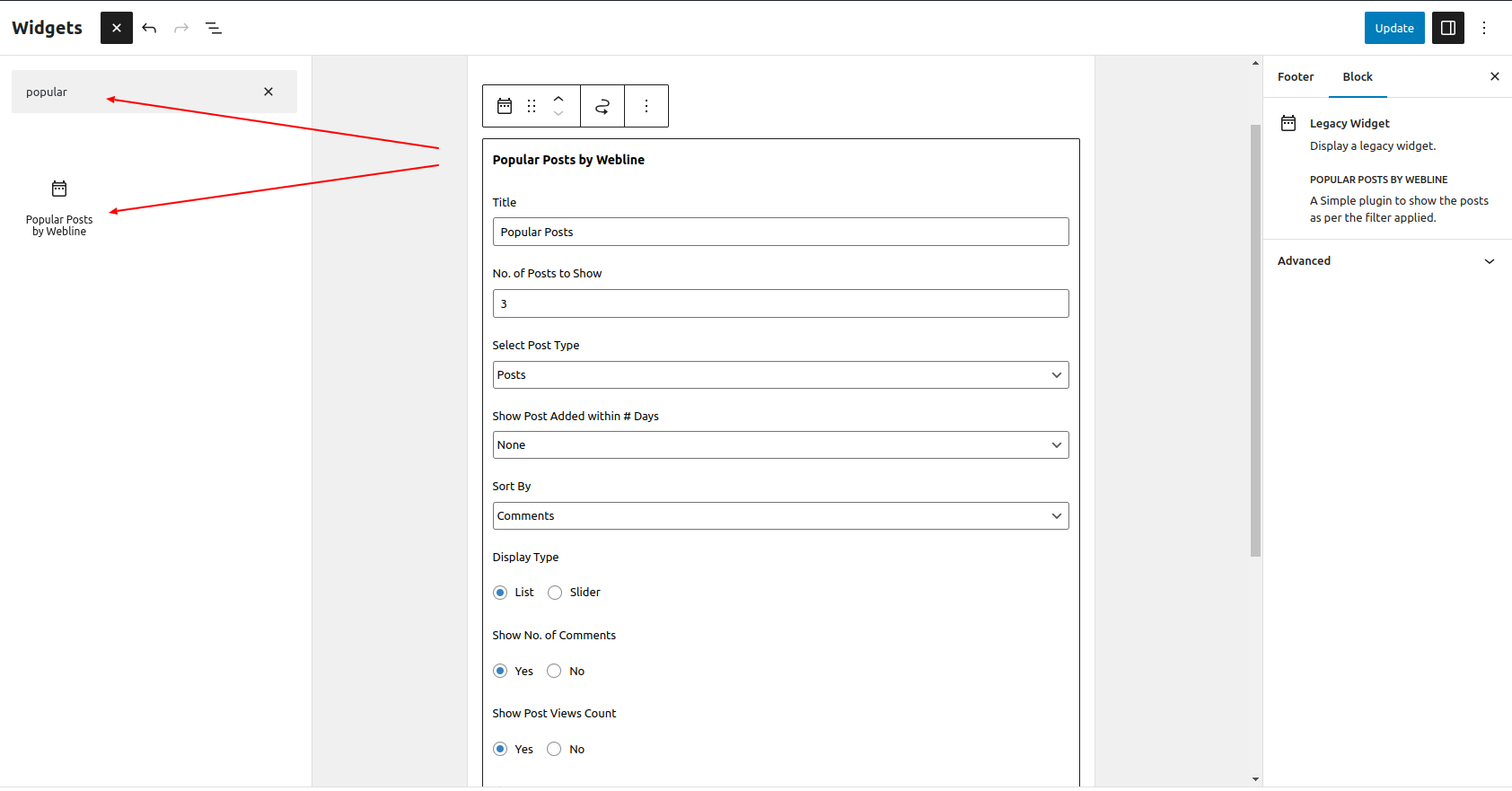 Frontend widget view without Featured Image and Excerpt