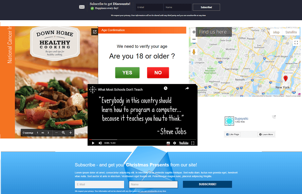 Popup with google map, Social Buttons, Login and more