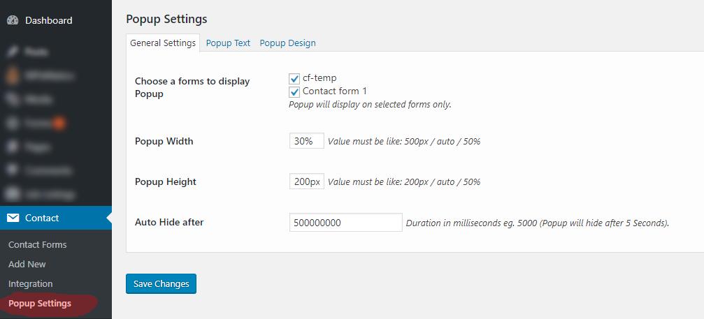 Shows admin side where we can configure contact form popup settings.