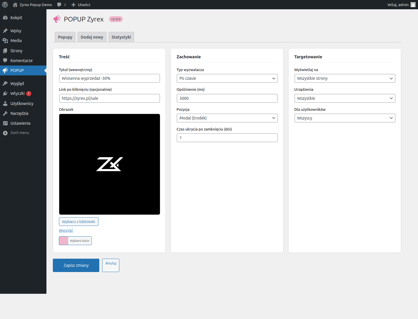 Formularz tworzenia popupu — treść, zachowanie i targetowanie w jednym widoku.