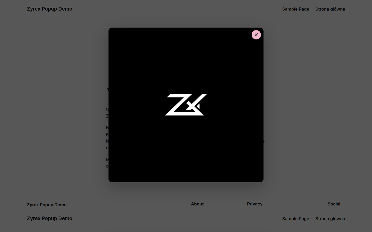 Popup w modalu na froncie (pozycja "Modal (środek)") z własnym kolorem akcentu.