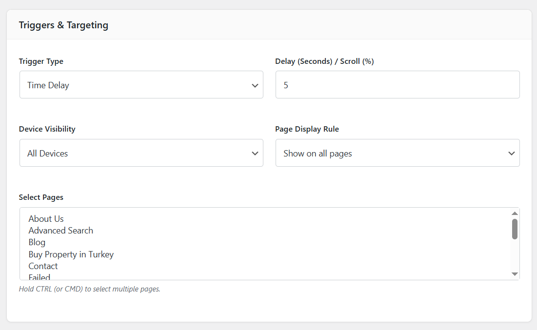 **Advanced Triggers:** Easily set up Exit-Intent, Scroll, or Time Delay triggers.