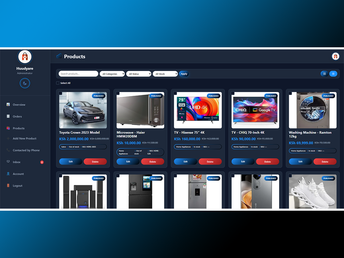 Product management with Grid and List view toggle and automatic WebP optimization