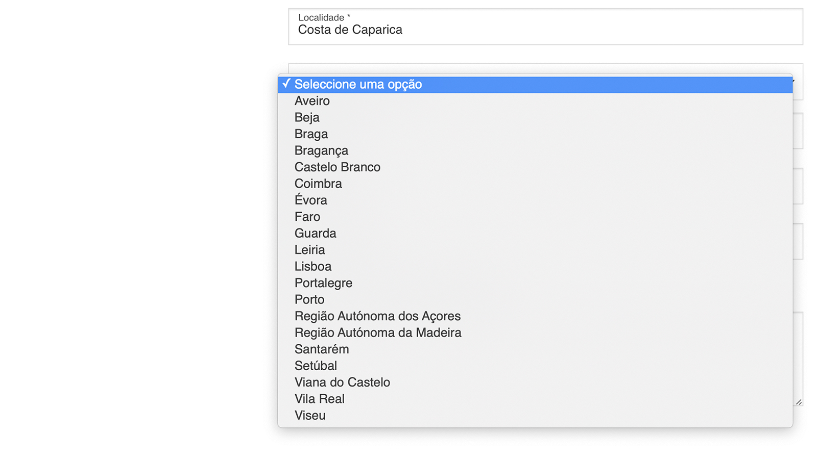 Portuguese states on the checkout page.