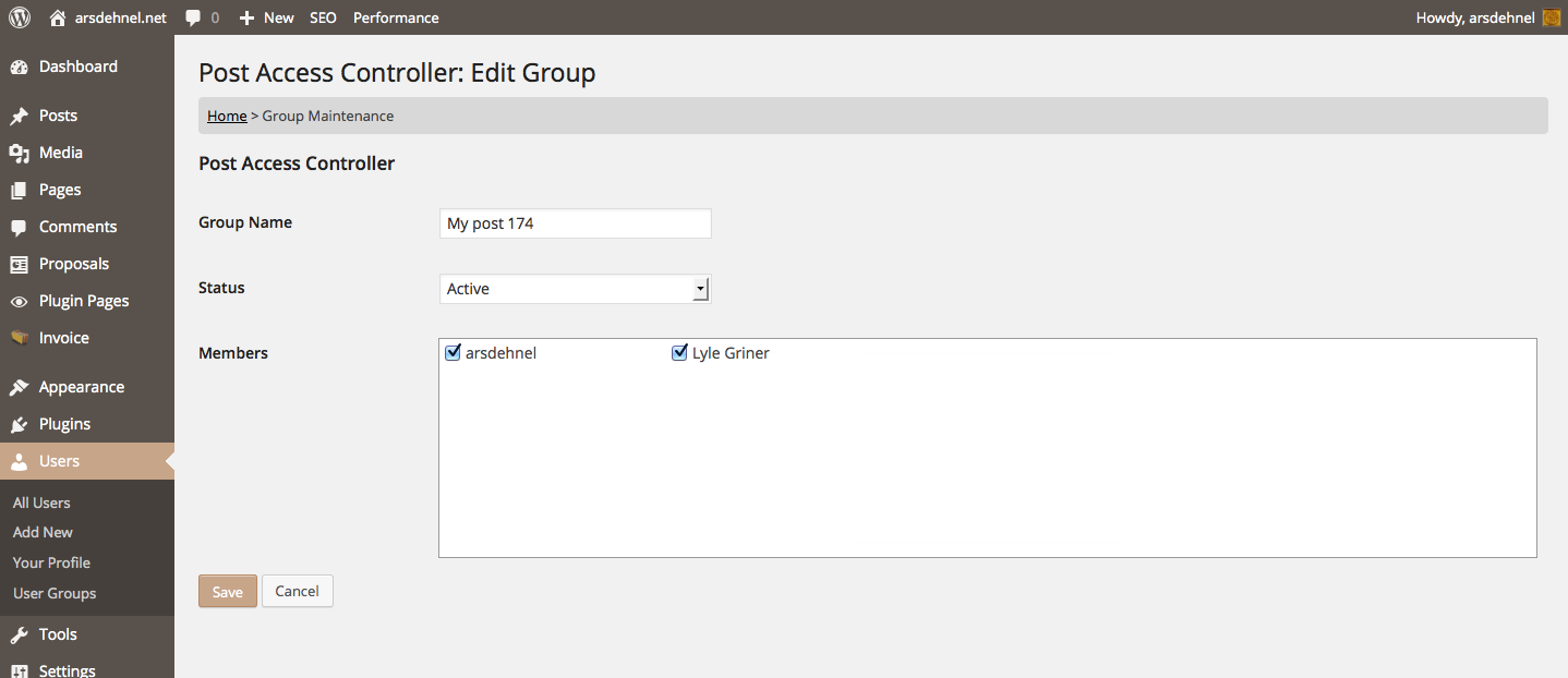 Clicking edit on the listing page will bring up the group maintenance form where you can specify who is in that group.