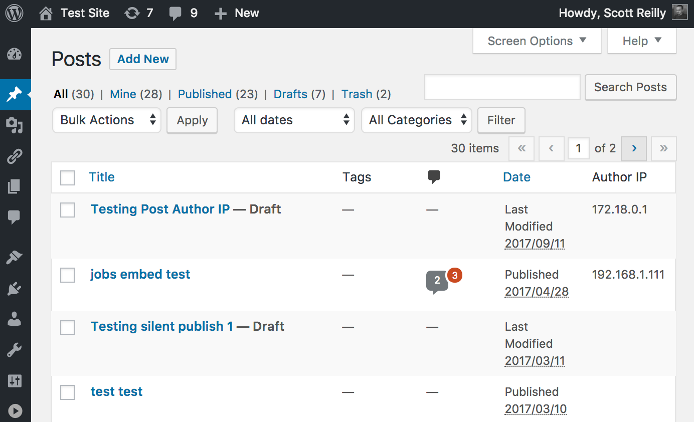 A screenshot of the admin post listing showing the added "Author IP" column. It demonstrates the mix of a post where the post author IP address was recorded, and posts where it wasn't (due to the plugin not being activated at the time).