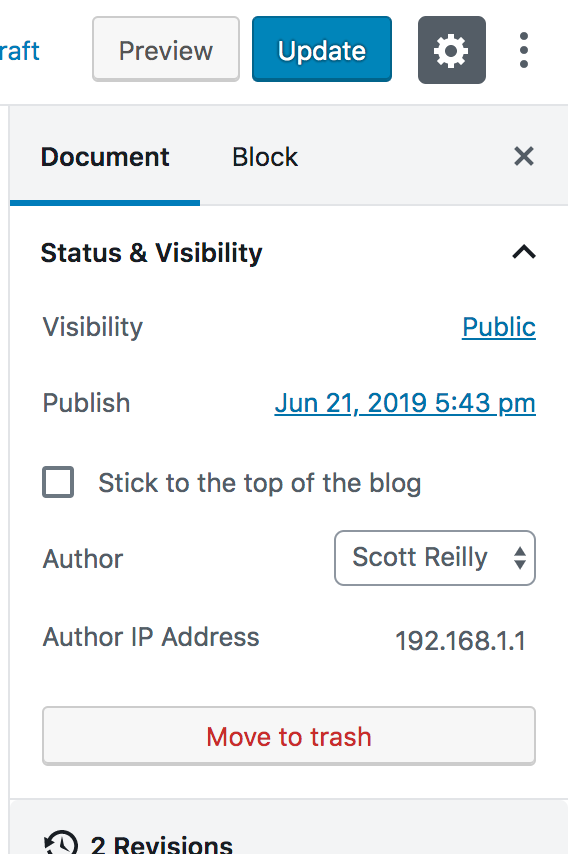 A screenshot of the block editor sidebar panel for a post showing the post author IP address (WP 5.0 and later)