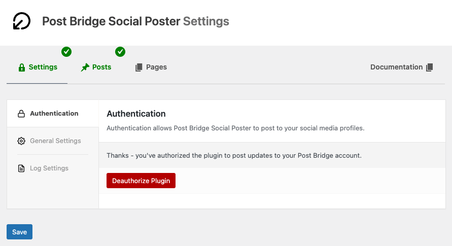 Settings Screen when Post Bridge Social Poster is authorized.