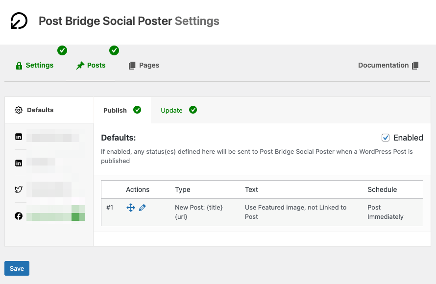 Settings Screen showing available options for Posts.