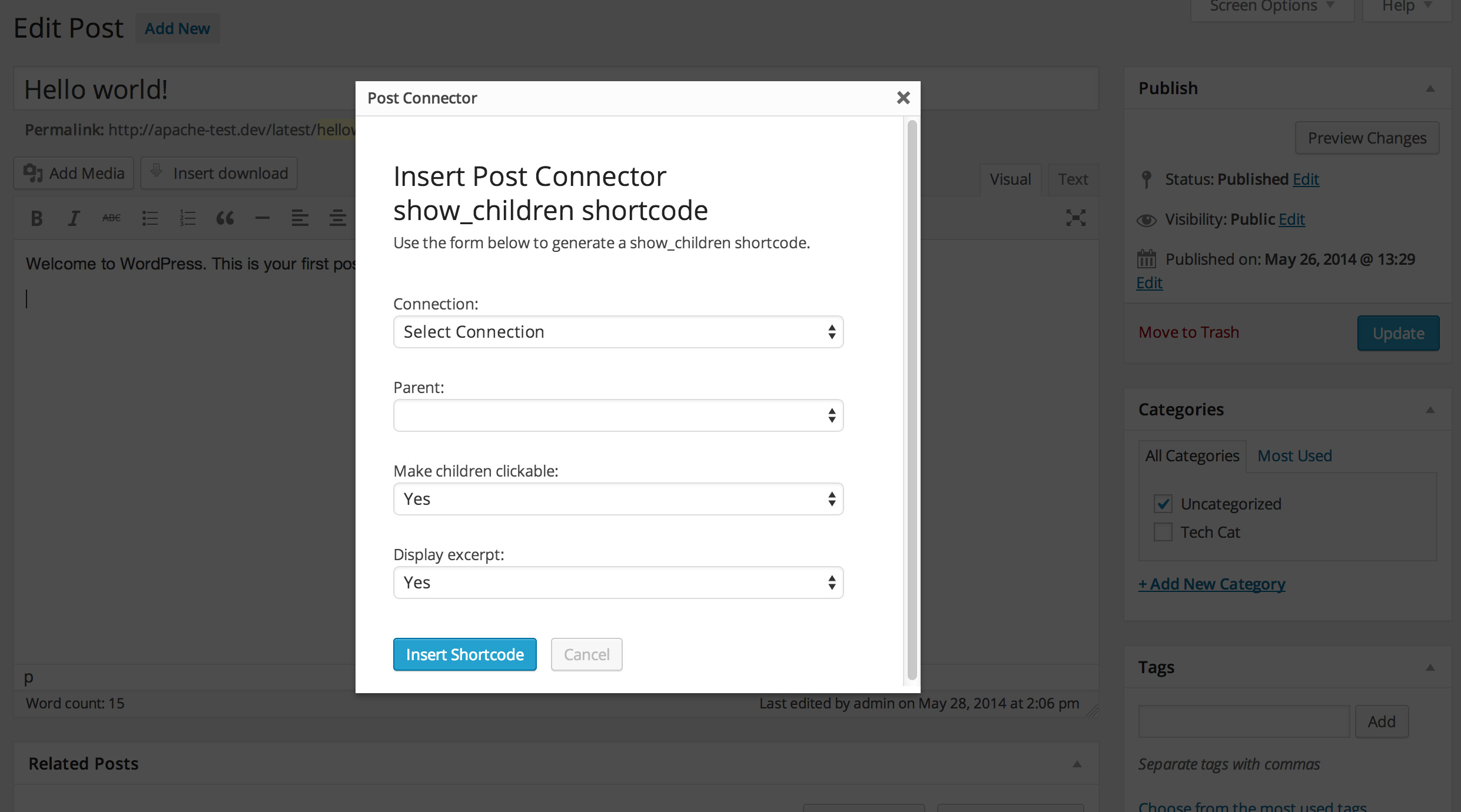 Post Connector comes with a shortcode generator so you can display linked posts anywhere you want.