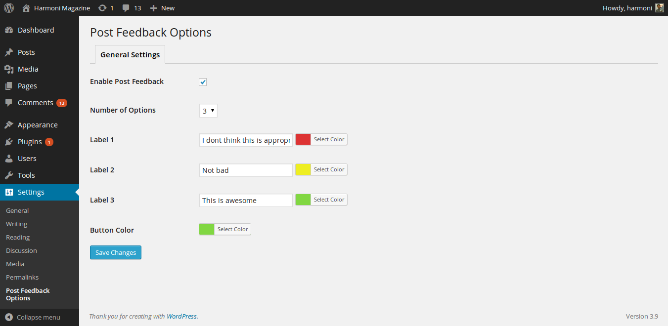 Post Feedback - Settings Page