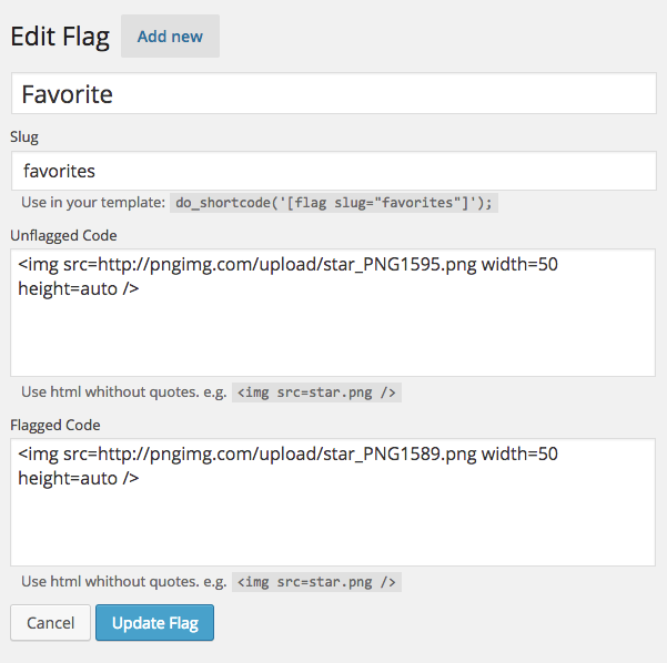Edit each flag separately. It allows HTML
