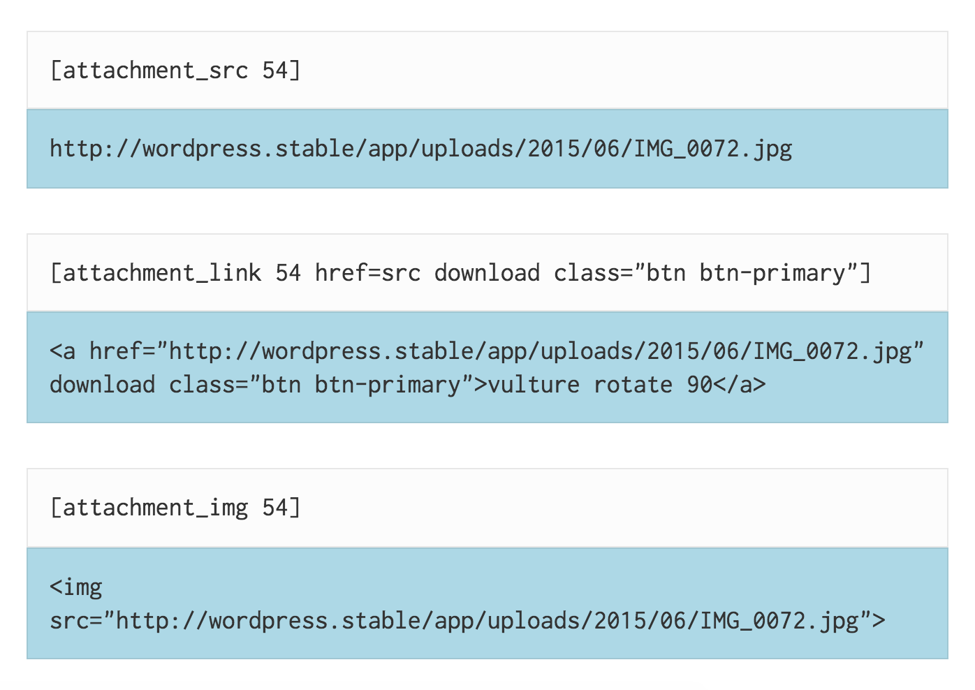 Attachment examples. Source shortcode, with html-escaped output in blue.