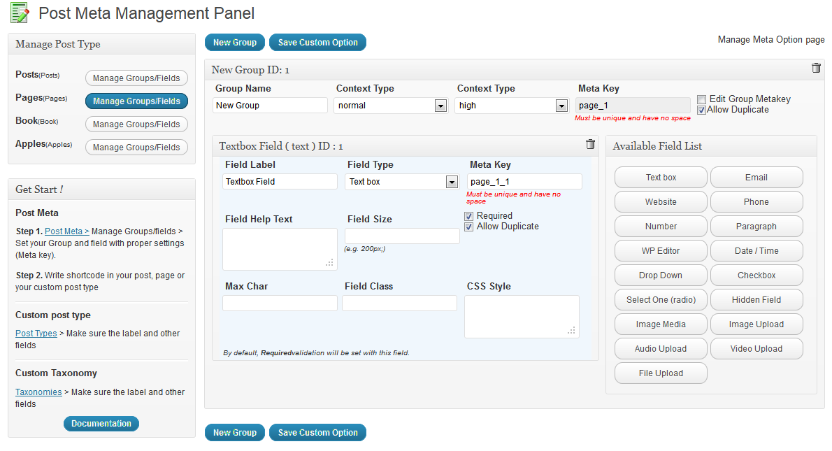 PostMeta Management panel