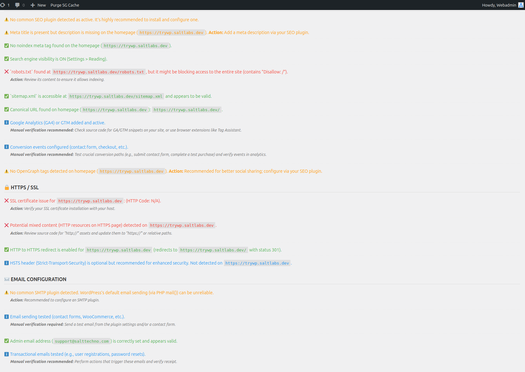 Screenshot showing warnings and failures, with actionable advice for some checks.