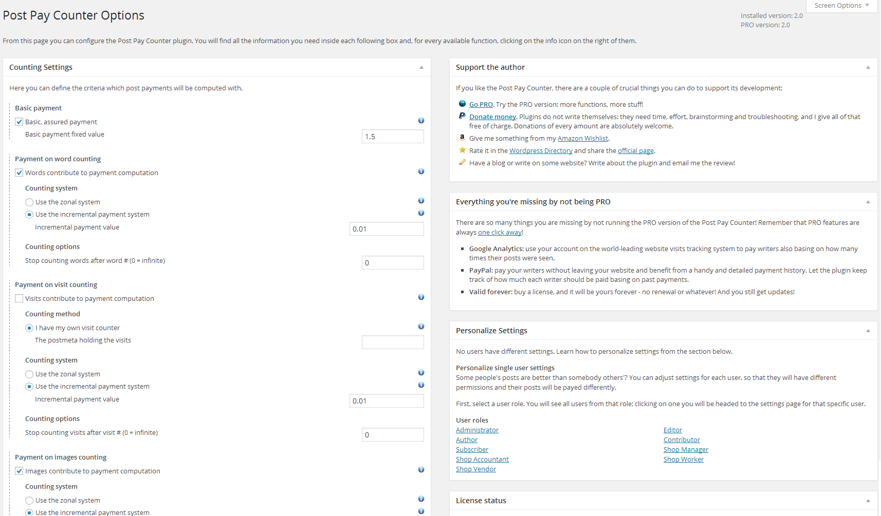 Post Pay Counter settings page