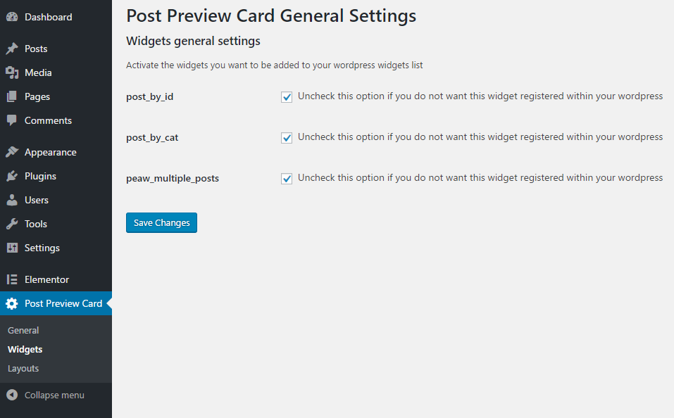 After installing and activating the plugin make sure all the widgets were added, go to Post Preview Card > Widgets and if any widget widget you want is not checked, simply check and save.