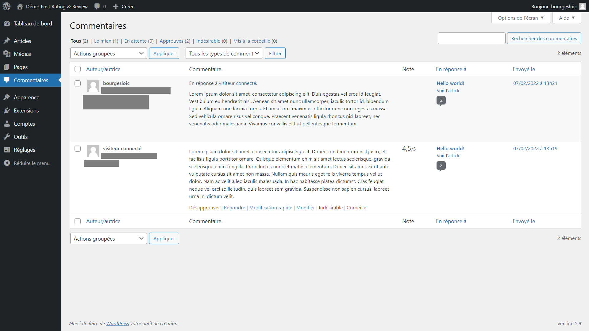 Admin rating integrated on comments lists