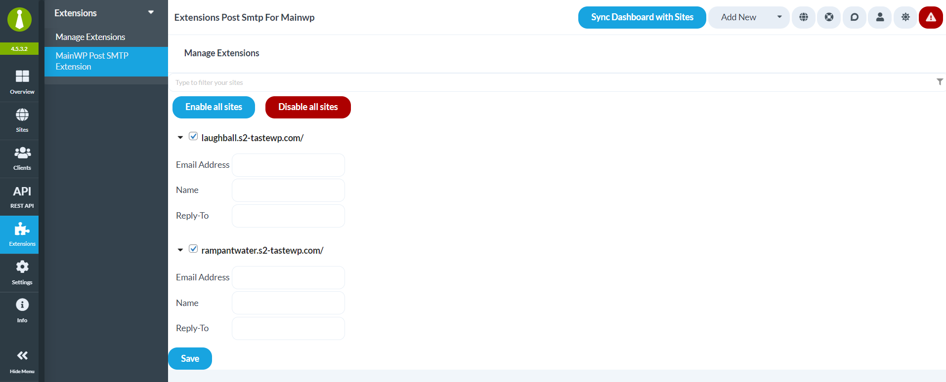 Set Email Address, Name, and Reply-To for your child sites directly from the MainWP dashboard if needed.