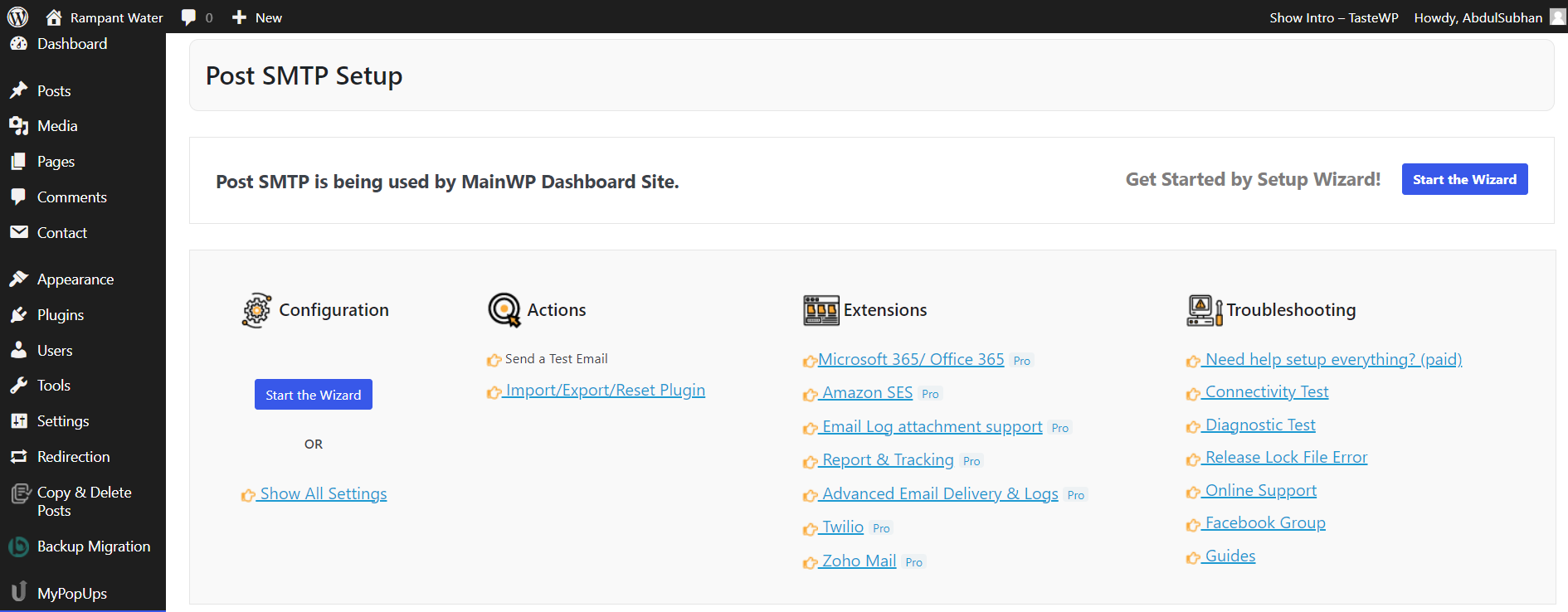 View first child site's Post SMTP dashboard showing that Post SMTP is being used from the MainWP dashboard.