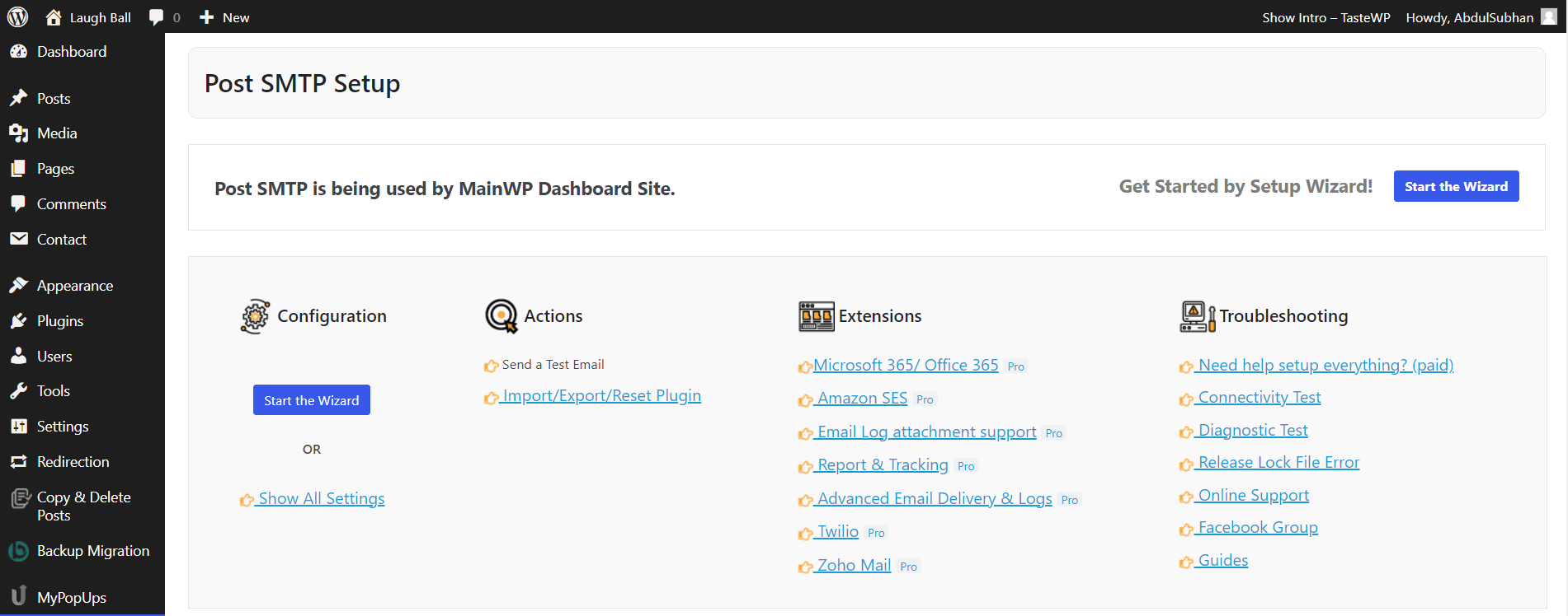 View second child site's Post SMTP dashboard showing that Post SMTP is being used from the MainWP dashboard.