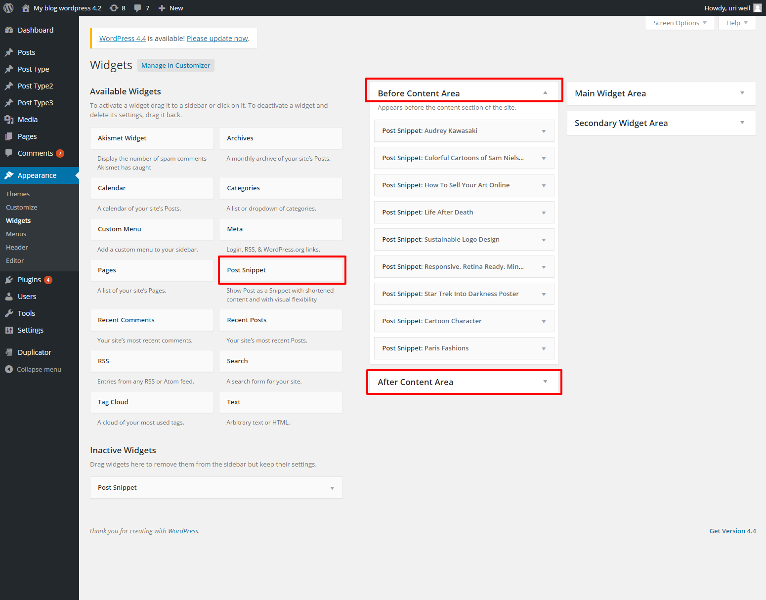 The admin area with the widgets inside the *Before Content Area* sidebar.
