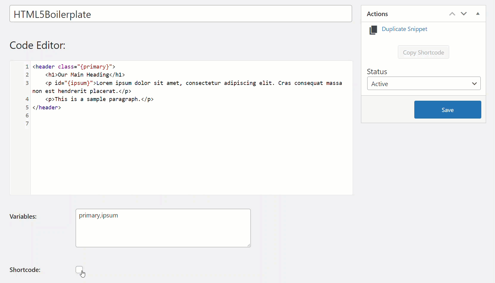 Example of an inserted snippet, with optional variables.