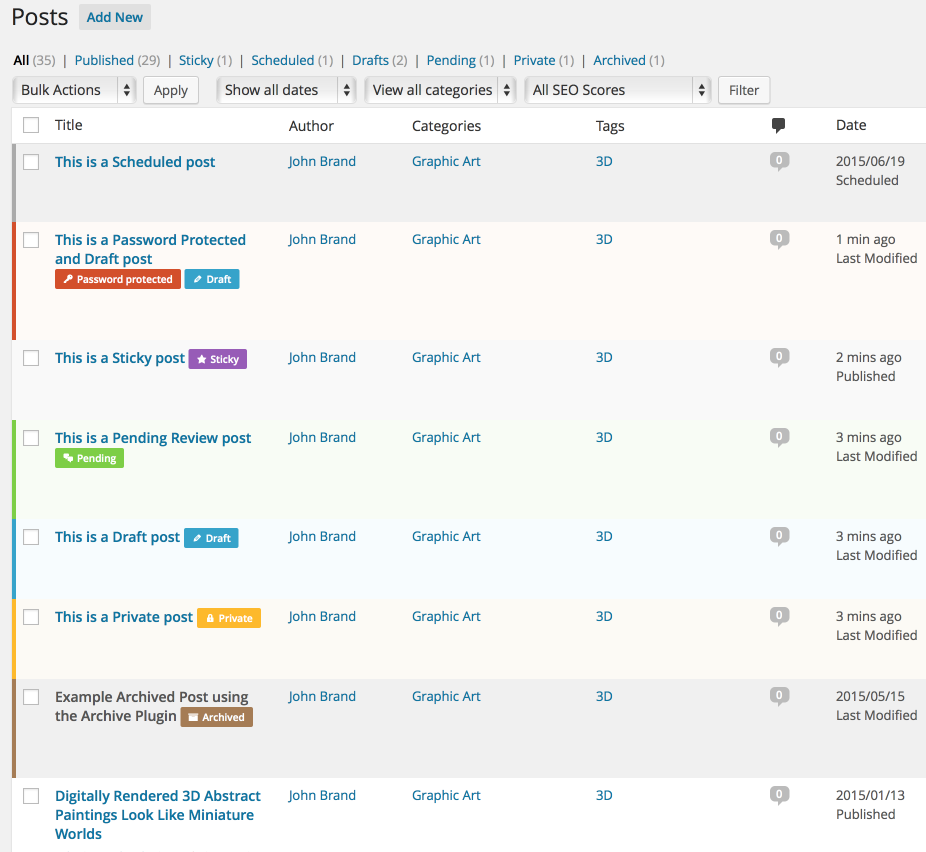 Screenshot sample with default colors for a variety of post types