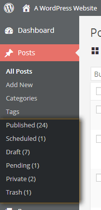 The "Posts" expanded menu showing some post statuses.