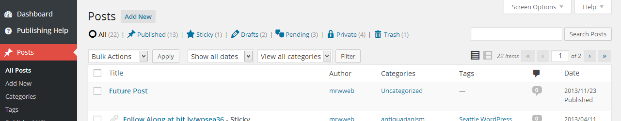 Plugin options on Settings > Writing (specific post types and post statuses vary by site).