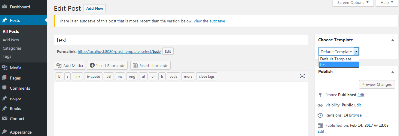 Template select View on edit post screen.