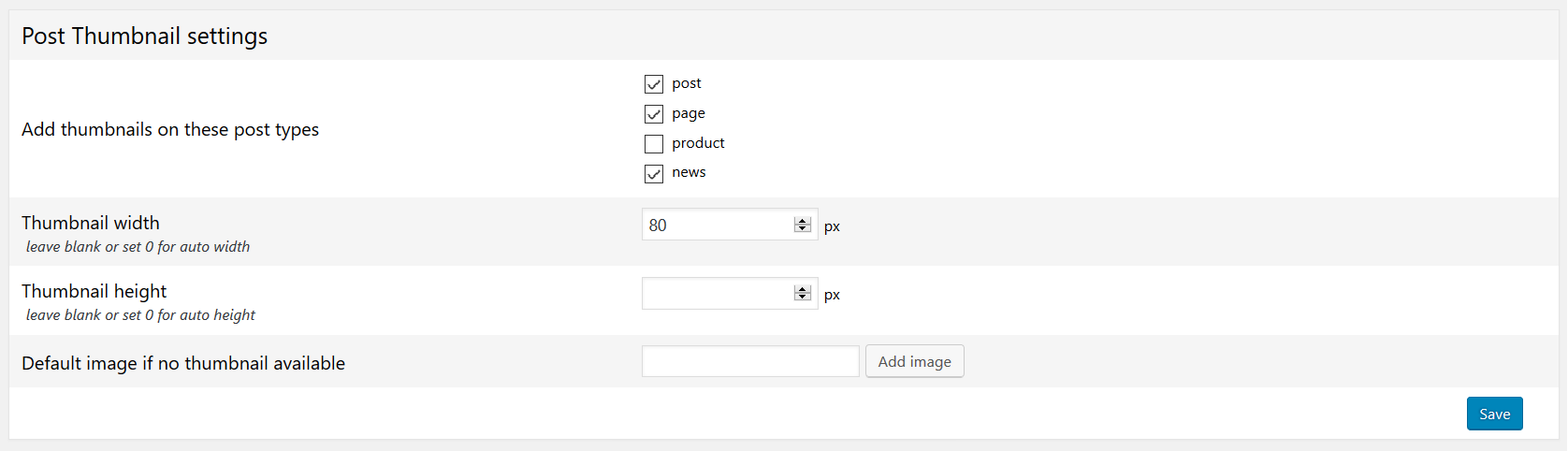 Post Thumbnail settings page | Screenshot #2