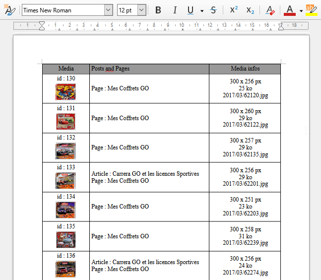 Medias list in Libre Office Writer