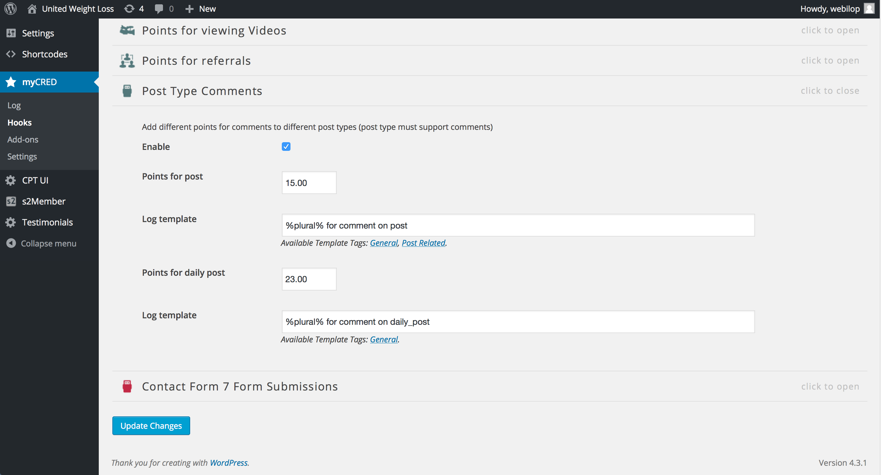 This screenshot illustrates the hook config section. It allows you to introduce the amount of points for each post type and the log entry description.