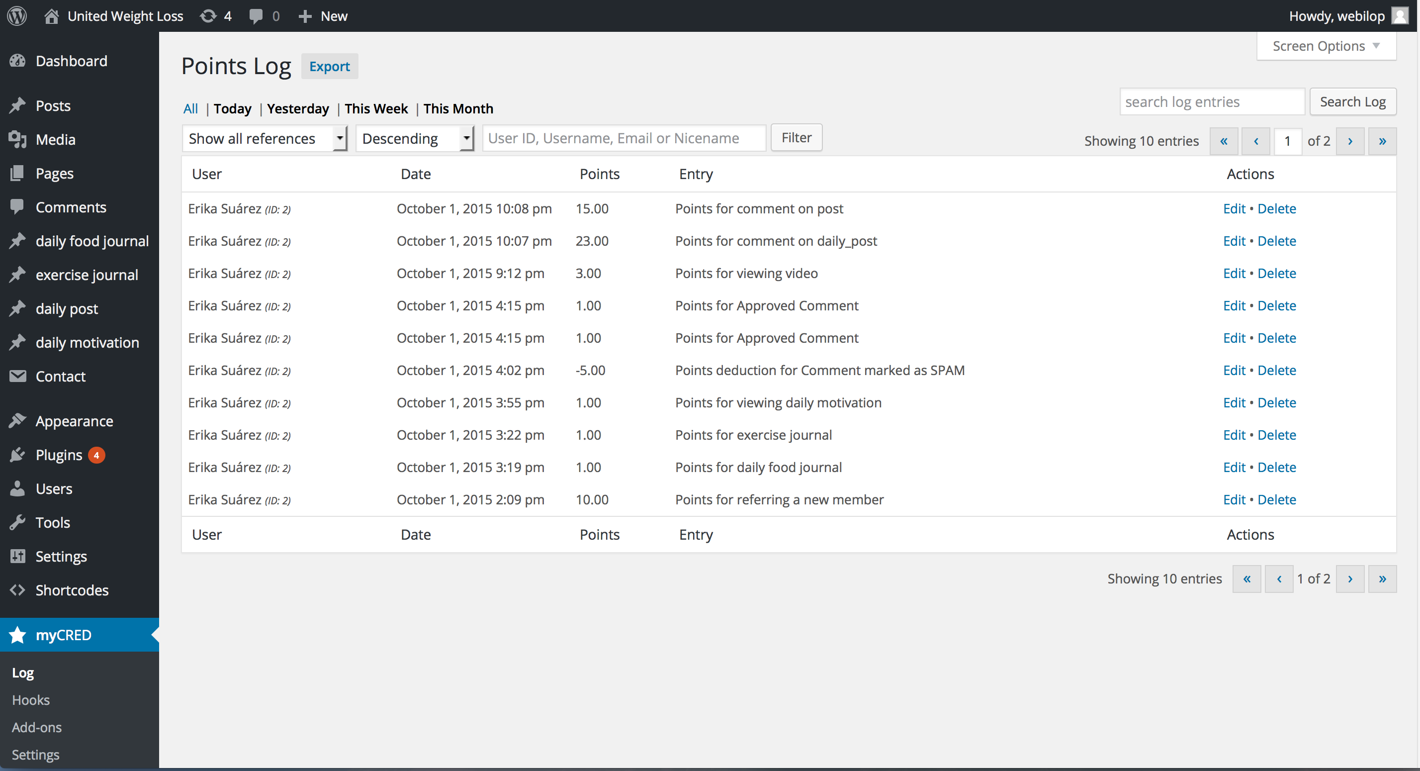 This screenshot shows the log after generating points by comment submission.