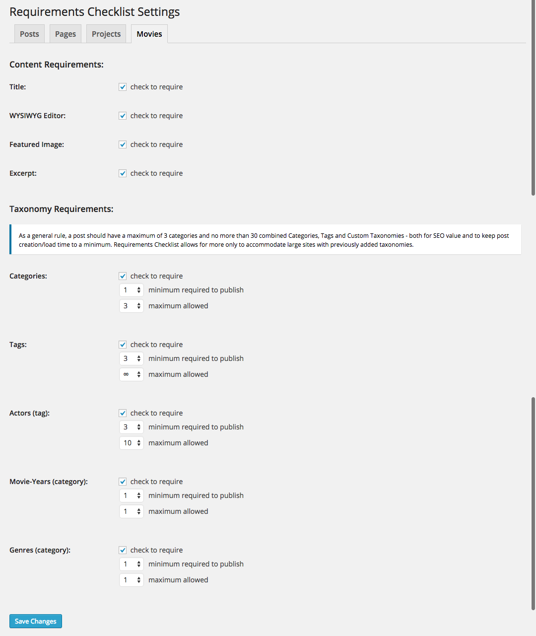 Settings page (showing custom post type "Movies" with multiple custom taxonomies)