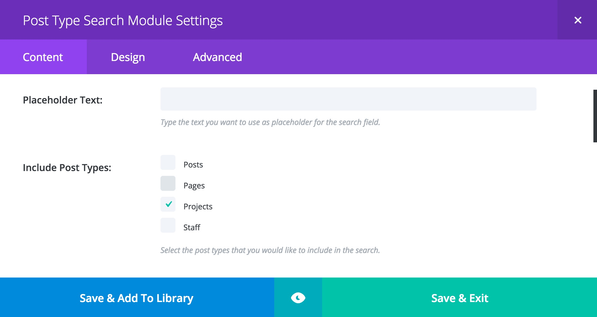 Post Type Search Module Settings with Projects Selected
