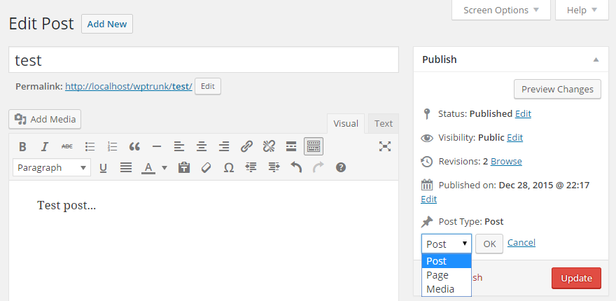 "Post Type" interface in "Edit Post" screen.