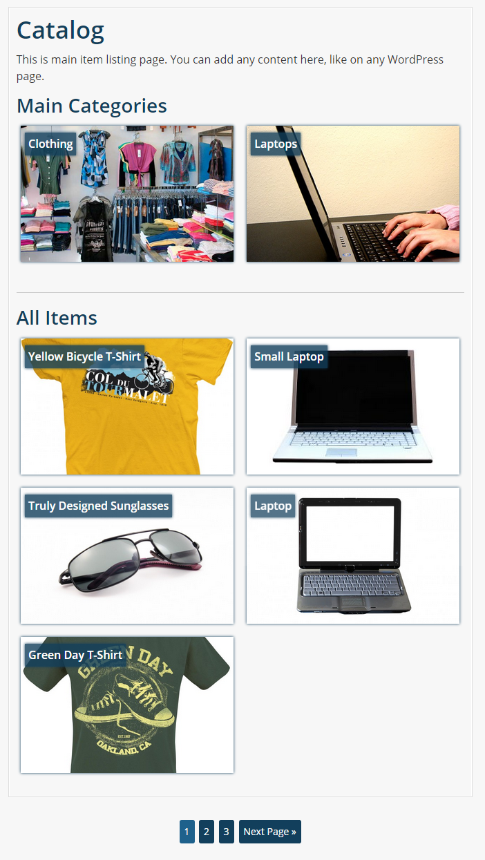 Product Catalog Simple main listing with categories and items enabled. The "Modern Grid" listing design is used here.