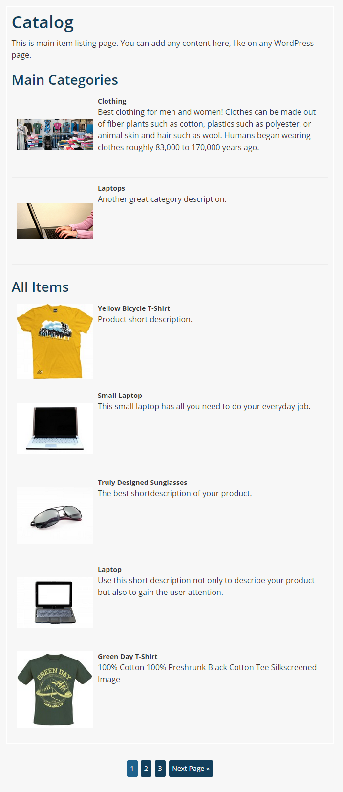 Product Catalog Simple main listing with categories and items enabled. The "Classic List" listing design is used here.