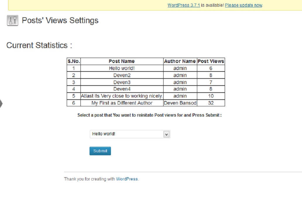 Admin Area of the Plugin(Dashboard->Settings->Post Views)